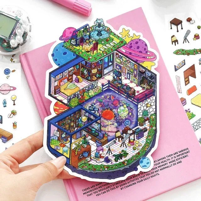 Colorful miniature scene sticker featuring a fantasy room with planets and creative décor