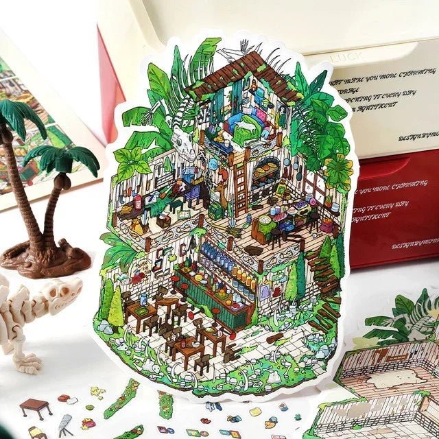 colorful miniature scene sticker of a cozy, plant-filled tavern with tables and detailed decor