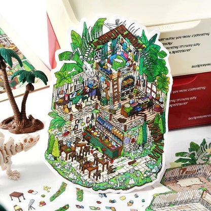 colorful miniature scene sticker of a cozy, plant-filled tavern with tables and detailed decor