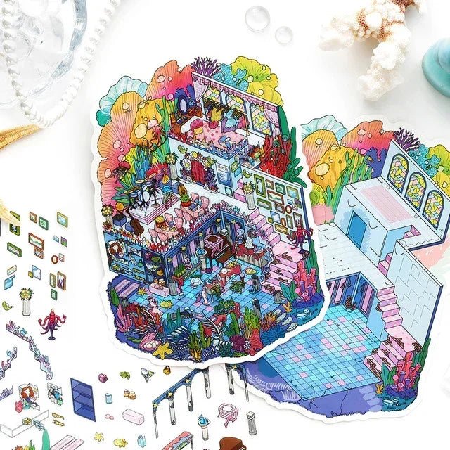 Colorful miniature scene stickers featuring fantasy rooms with plants and whimsical decor.