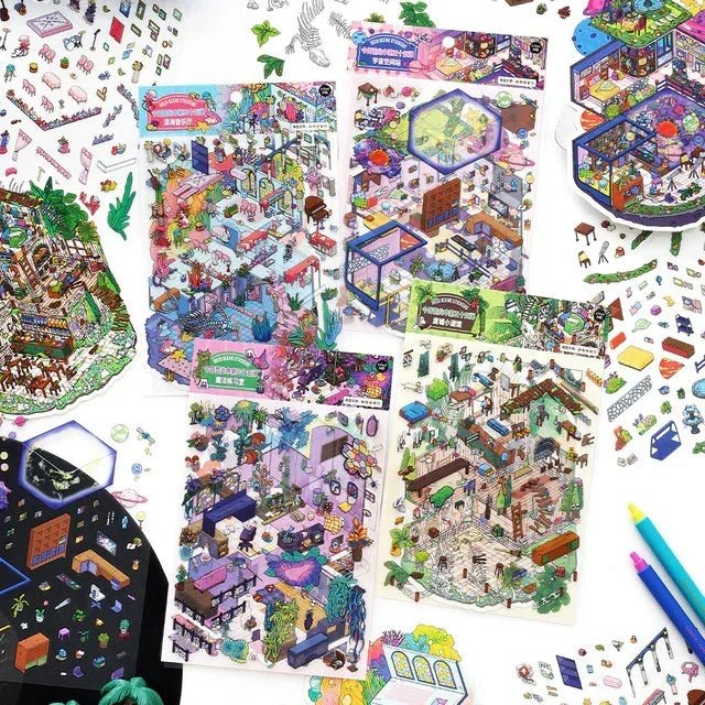 Colorful miniature scene stickers with fantasy rooms, perfect for journaling and scrapbooking.