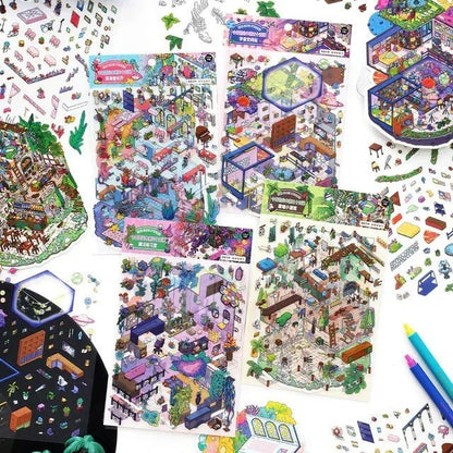 Colorful miniature scene stickers with fantasy rooms, perfect for journaling and scrapbooking.