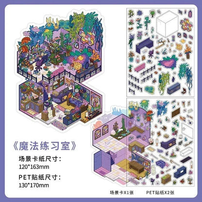 Magical practice room miniature scene sticker set with colorful fantasy decor and furniture elements.