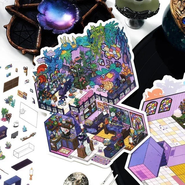 Colorful miniature room scene stickers with lush plants, cozy furniture, and creative decor.
