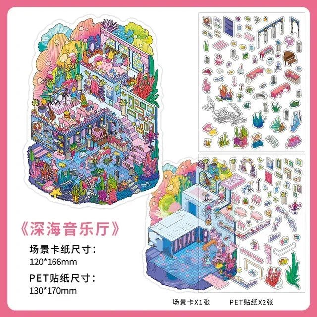 Colorful undersea concert hall miniature scene sticker set with vibrant marine details