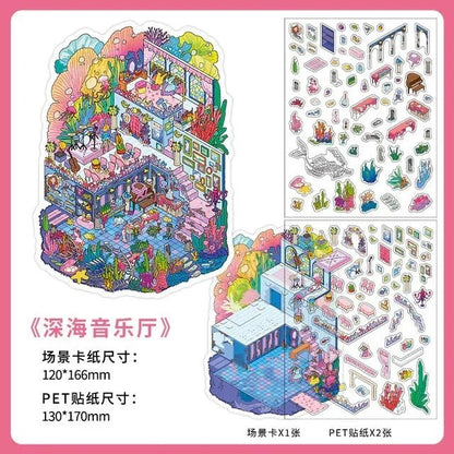 Colorful undersea concert hall miniature scene sticker set with vibrant marine details