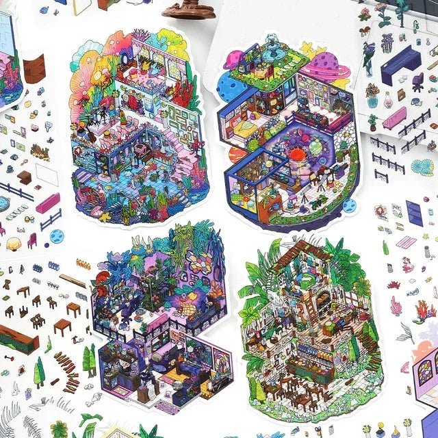 Colorful scene stickers featuring detailed fantasy rooms, ideal for journaling and scrapbooking.
