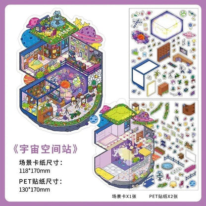 Miniature space station room scene sticker kit with furniture and decor stickers for journaling