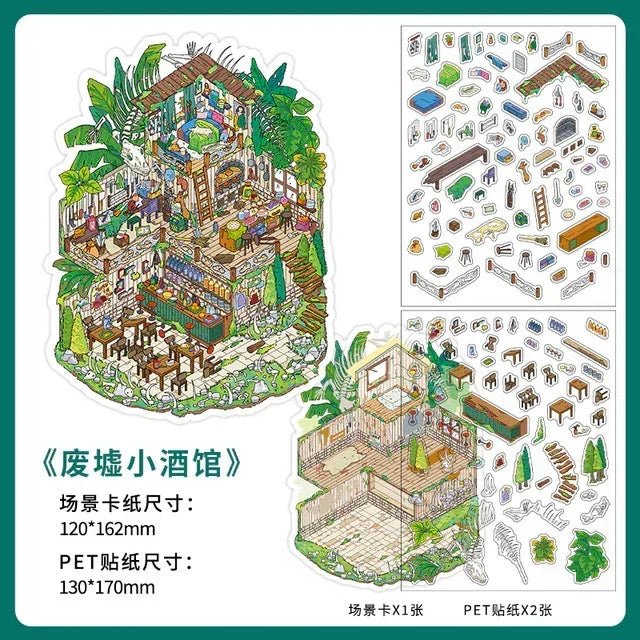 Sticker sheet set with a colorful miniature tavern scene, modular furniture, plants, and decor pieces for journaling and scrapbooking.