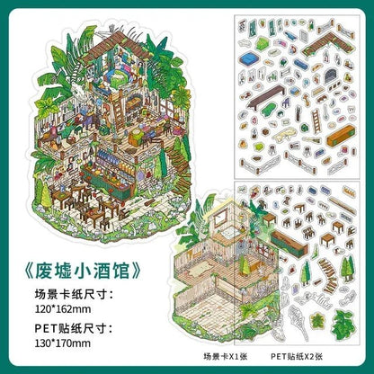 Sticker sheet set with a colorful miniature tavern scene, modular furniture, plants, and decor pieces for journaling and scrapbooking.