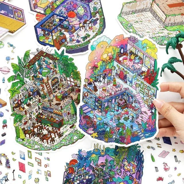 Colorful scene stickers featuring miniature rooms, fantasy spaces, and cozy interiors for journaling.