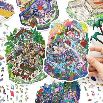 Colorful scene stickers featuring miniature rooms, fantasy spaces, and cozy interiors for journaling.