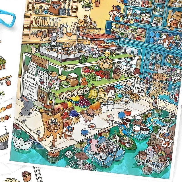 Colorful scene sticker with cartoon raccoons and mice in a lively miniature food market.