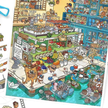 Colorful scene sticker with cartoon raccoons and mice in a lively miniature food market.