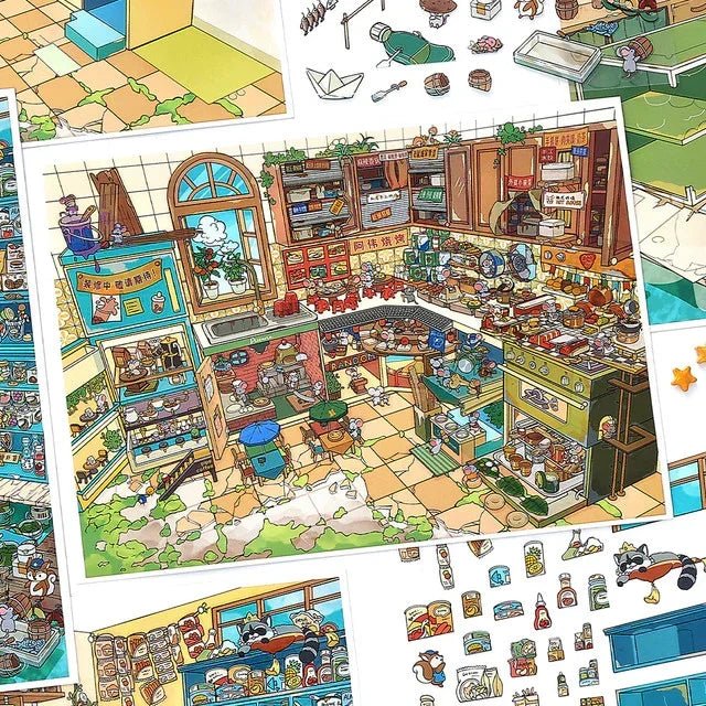 Cute illustrated kitchen scene sticker sheet featuring raccoon and mouse characters with food and cookware, ideal for journaling and scrapbooking.