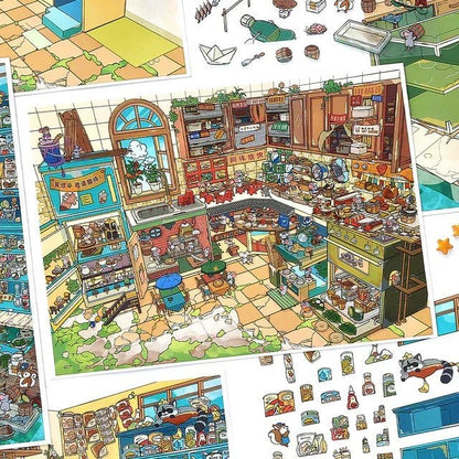 Cute illustrated kitchen scene sticker sheet featuring raccoon and mouse characters with food and cookware, ideal for journaling and scrapbooking.