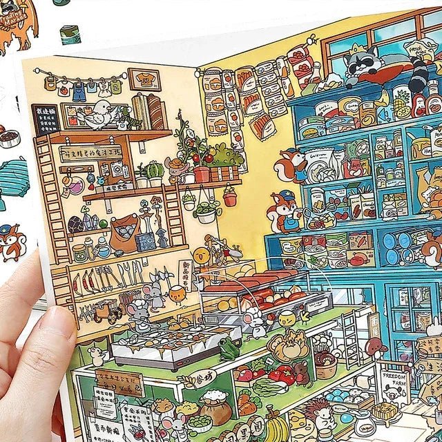 Cute illustrated sticker sheet of animal market with raccoon, mice, food, groceries, and shelves
