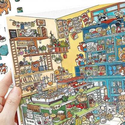 Cute illustrated sticker sheet of animal market with raccoon, mice, food, groceries, and shelves