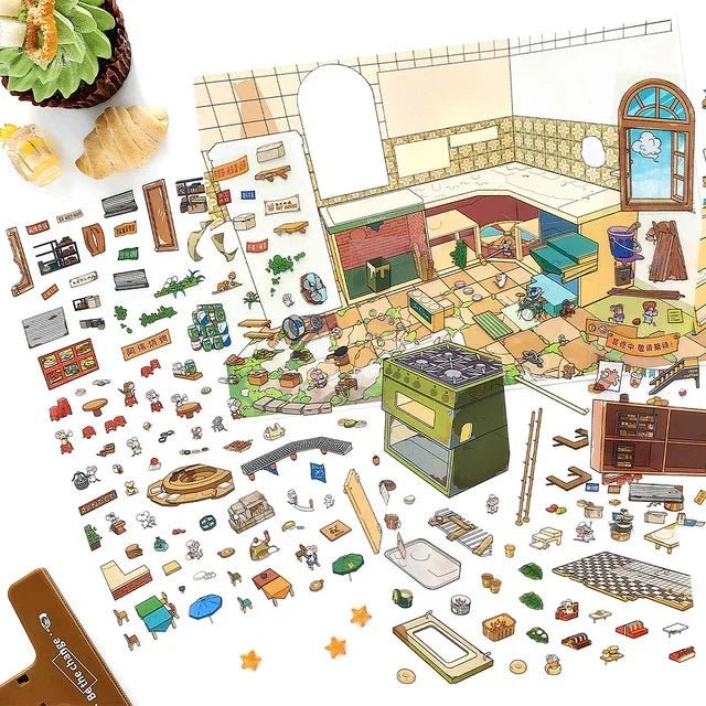 Colorful miniature kitchen scene sticker sheet with market-themed food, furniture, and accessories.