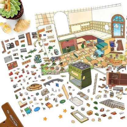 Colorful miniature kitchen scene sticker sheet with market-themed food, furniture, and accessories.