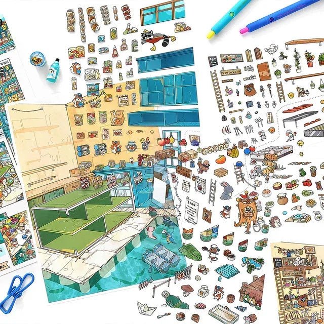 Cute animal market scene stickers with miniature food, shop, and street designs for journaling.