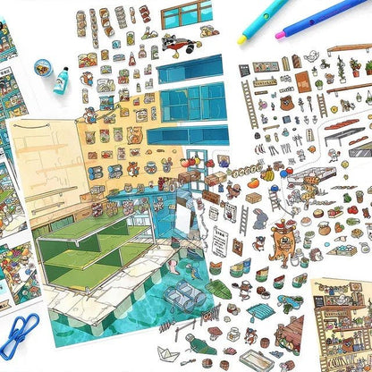 Cute animal market scene stickers with miniature food, shop, and street designs for journaling.
