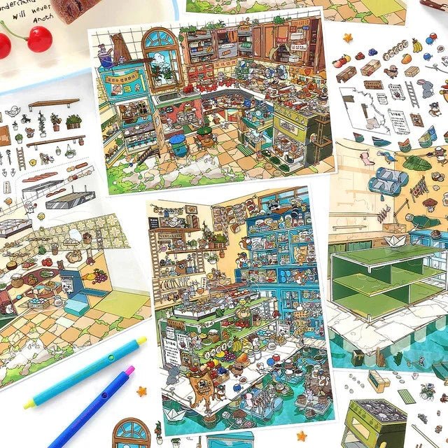 Cute illustrated scene stickers featuring raccoon and mouse characters in colorful market and kitchen settings, ideal for journaling and scrapbooking.