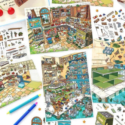 Cute illustrated scene stickers featuring raccoon and mouse characters in colorful market and kitchen settings, ideal for journaling and scrapbooking.