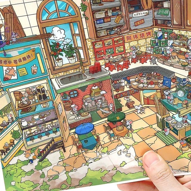 Colorful scene sticker with illustrated mice in a busy food market and café setting