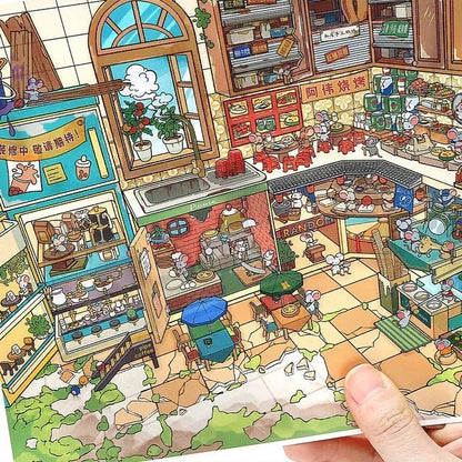 Colorful scene sticker with illustrated mice in a busy food market and café setting