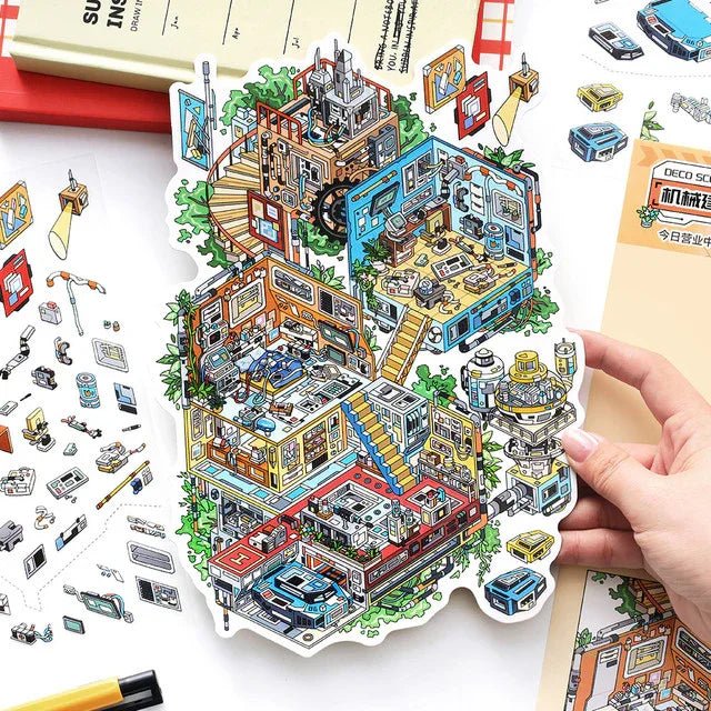 Colorful mechanical workshop scene sticker sheet with miniature rooms and tiny gadget details.