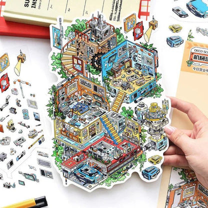 Colorful mechanical workshop scene sticker sheet with miniature rooms and tiny gadget details.