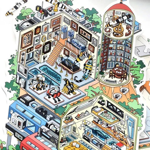 Colorful illustrated miniature workshop and observatory scene with robots and detailed interiors.