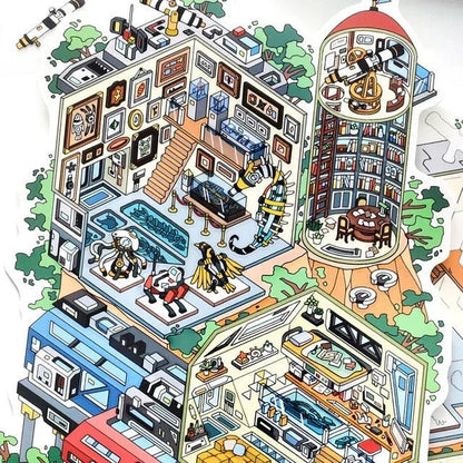 Colorful illustrated miniature workshop and observatory scene with robots and detailed interiors.