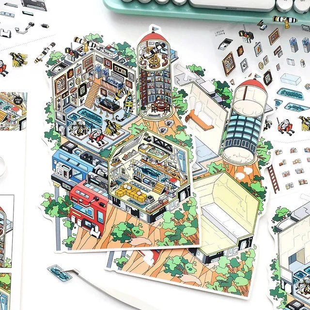 Colorful die-cut scene stickers of whimsical miniature rooms and buildings for journaling crafts