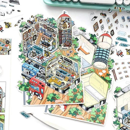 Colorful die-cut scene stickers of whimsical miniature rooms and buildings for journaling crafts