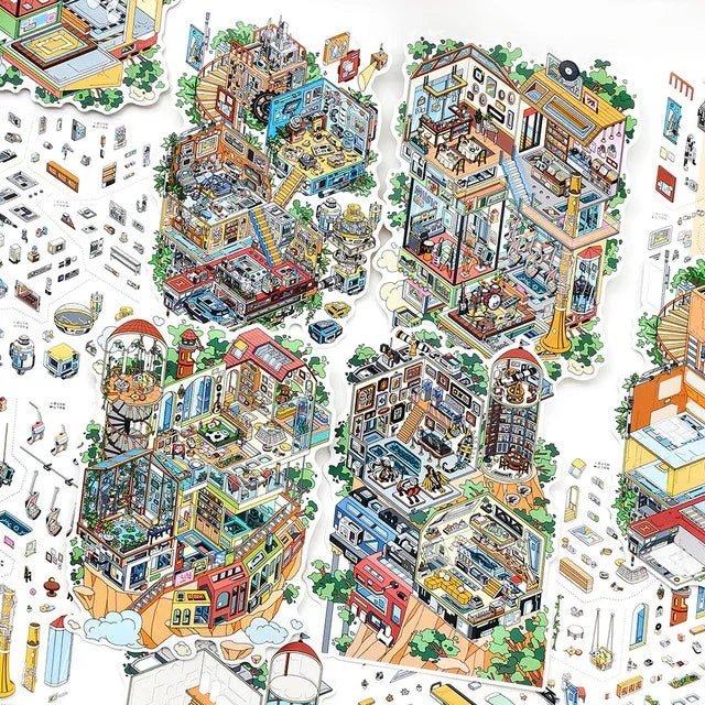 Colorful miniature scene stickers featuring detailed, busy rooms and cozy building interiors.