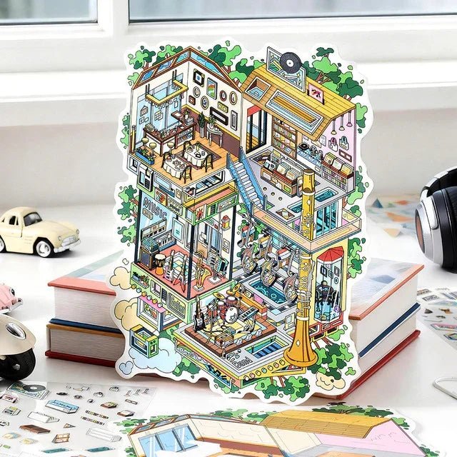 Colorful miniature scene sticker of a multi-story music-themed house with detailed rooms.