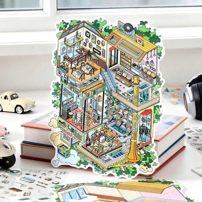 Colorful miniature scene sticker of a multi-story music-themed house with detailed rooms.