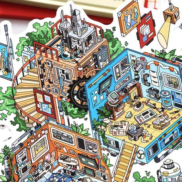 Colorful miniature sticker of a whimsical mechanical workshop and cozy room scene