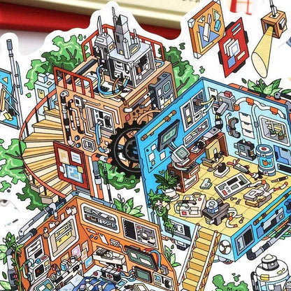 Colorful miniature sticker of a whimsical mechanical workshop and cozy room scene