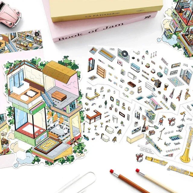 Colorful miniature house scene stickers and decorative journaling stickers on a white desk