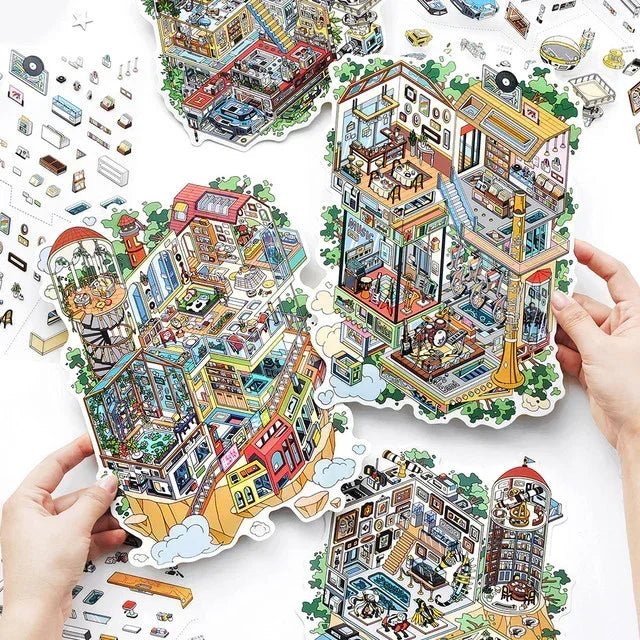 Colorful miniature sticker sheets with detailed isometric building scenes for journaling and crafts