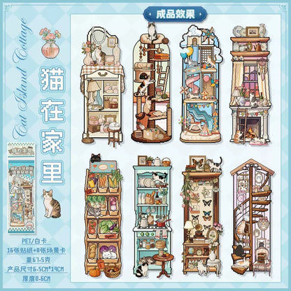 Cat Island Pixel Style Bookmark DIY Scenesticker book Cat in the Cabinet Cat in the House - L - JoyJollyCrafts