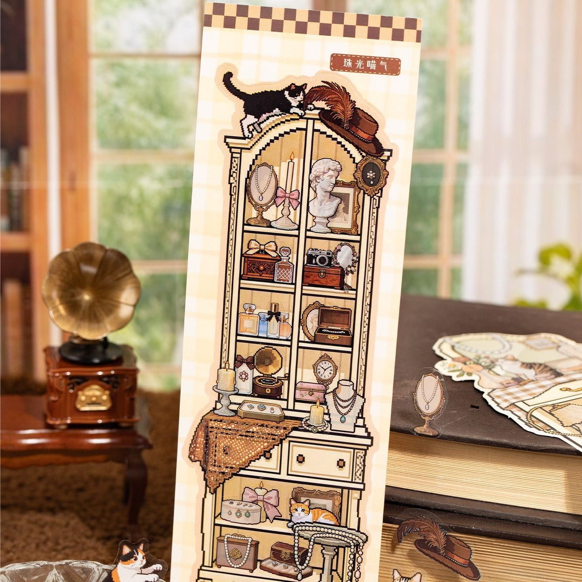 Cat Island Pixel Style Bookmark DIY Scenesticker book Cat in the Cabinet Cat in the House - S - JoyJollyCrafts