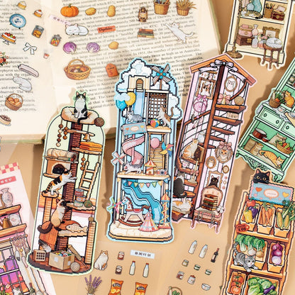 Cat Island Pixel Style Bookmark DIY Scenesticker book Cat in the Cabinet Cat in the House - S - JoyJollyCrafts