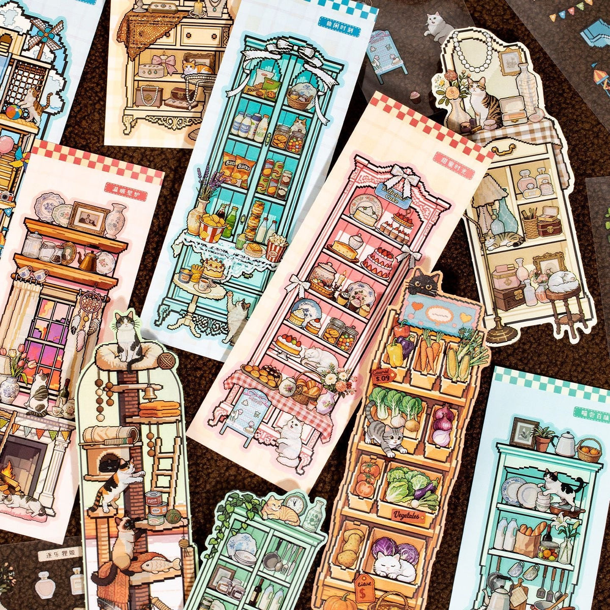 Cat Island Pixel Style Bookmark DIY Scenesticker book Cat in the Cabinet Cat in the House - S - JoyJollyCrafts