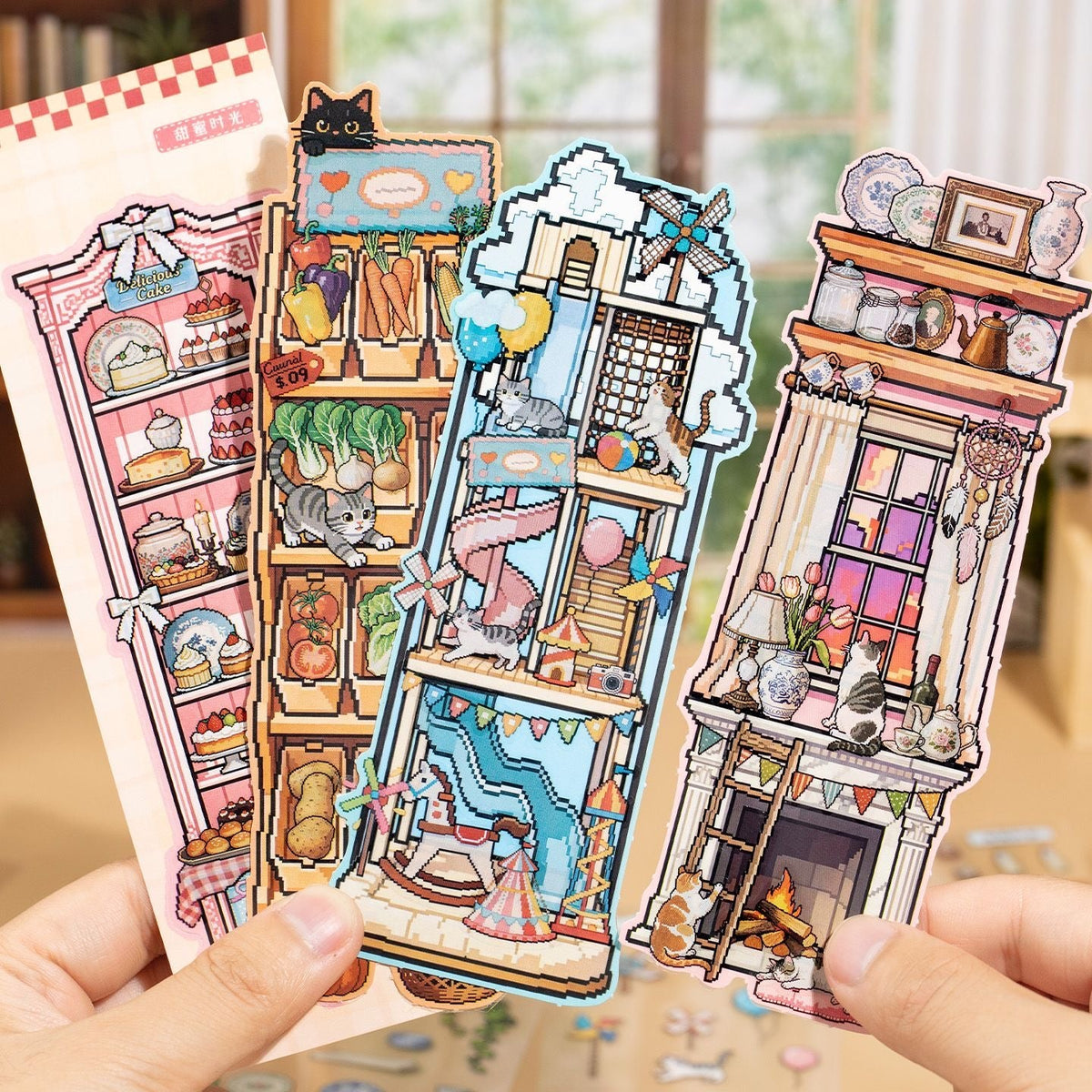 Cat Island Pixel Style Bookmark DIY Scenesticker book Cat in the Cabinet Cat in the House - S - JoyJollyCrafts
