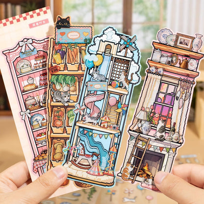 Cat Island Pixel Style Bookmark DIY Scenesticker book Cat in the Cabinet Cat in the House - S - JoyJollyCrafts
