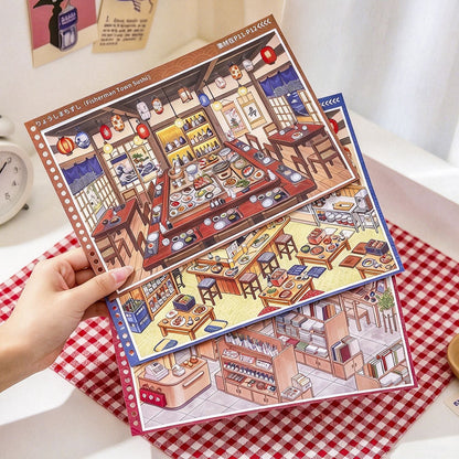 Chestnut-kun Japanese-Style Scenery Sticker Collection Book Showa Machiya - XL - JoyJollyCrafts